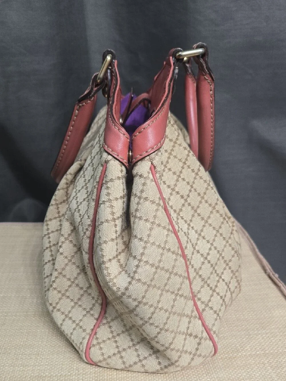 Gucci Sukey Beige Canvas Shoulder Bag with Rose Leather Trim EUC